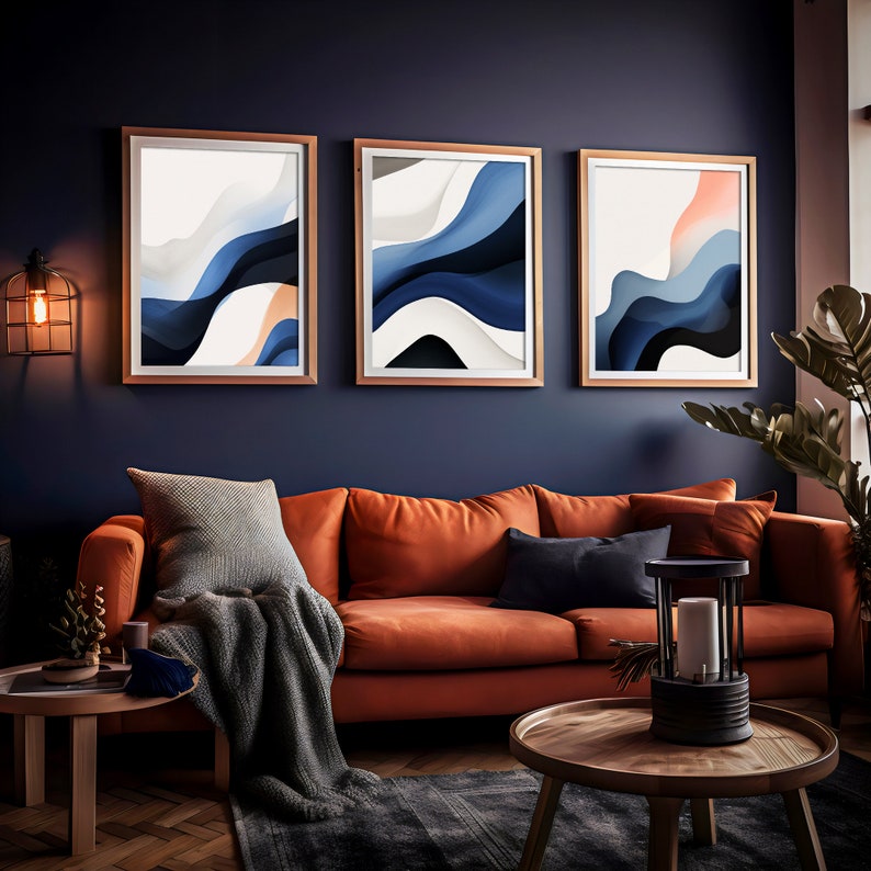 Navy Blue Tone Wall Art, Navy Blue Art Wall Print, Boho Home Prints