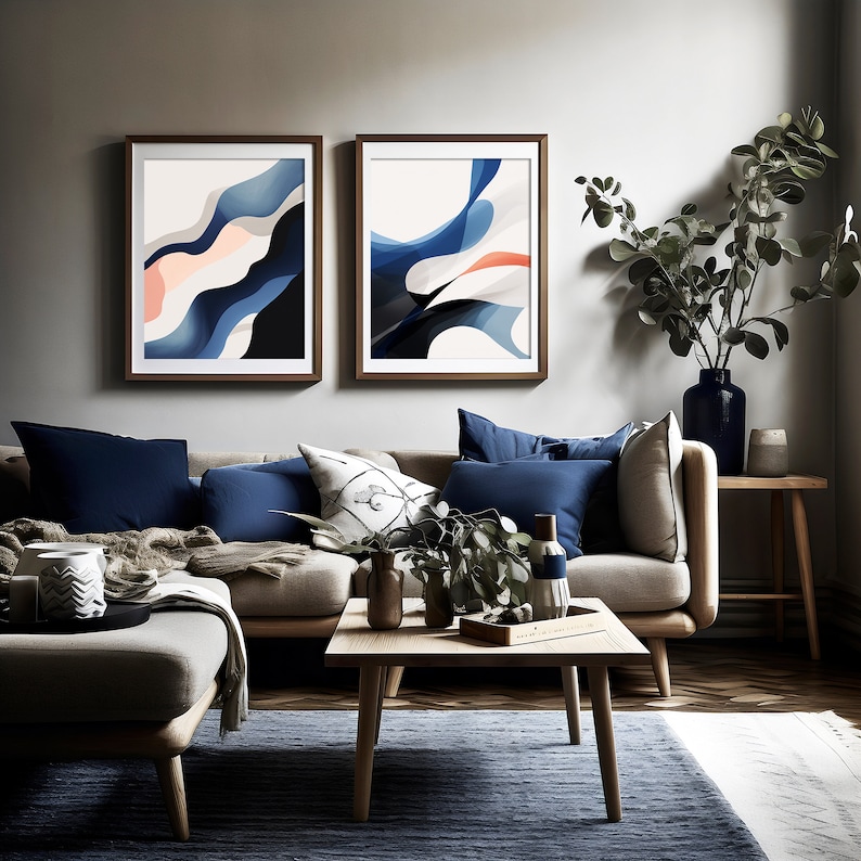 Navy Blue Abstract Art, Abstract Painting, Living Room Wall Art, Boho