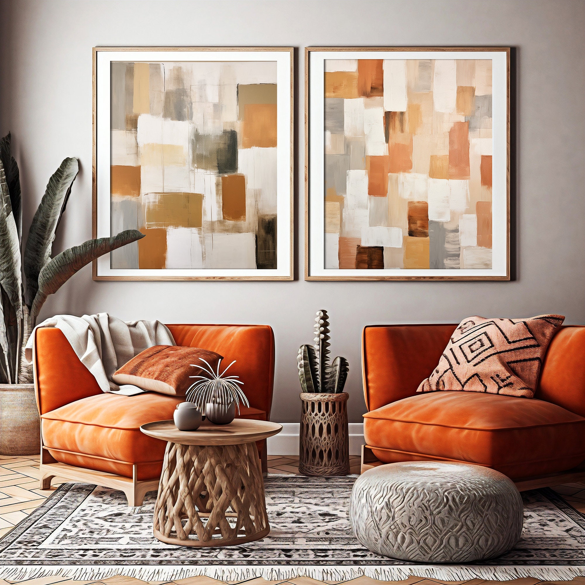 Terracotta Art Wall Print, Brush Stroke Art, Mid Century Art, Living ...