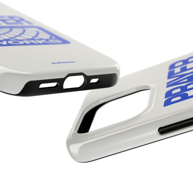 May include: Two white phone cases with black trim. One case features a blue graphic with the word "POWER" on it. The other case has a blue graphic with the word "WORKS" on it.
