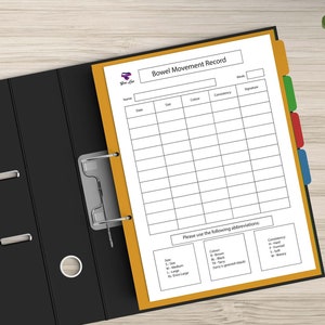 May include: A black binder with a yellow tab divider and a white sheet of paper with the title "Bowel Movement Record". The sheet has columns for date, time, consistency, and other observations.