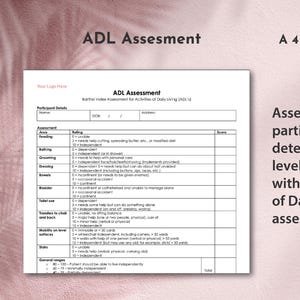 Peut inclure: Formulaire d'évaluation des activités de la vie quotidienne (AVQ) au format A4. Le document blanc présente du texte noir, avec des sections pour l'évaluation, l'alimentation, le toilettage, l'habillage, les intestins, la vessie, l'utilisation des toilettes, les transferts et les escaliers.