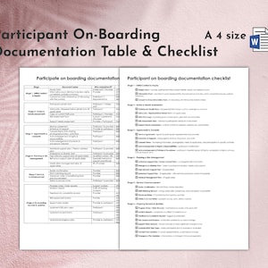 Peut inclure: Document en noir et blanc de format A4 intitulé « Tableau et liste de contrôle de la documentation d'intégration des participants ». Le document est une liste de contrôle avec plusieurs sections et puces. Le fond est rose.