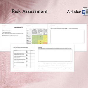 Puede incluir: Un conjunto de documentos blancos tamaño A4 titulados "Risk Assessment" sobre un fondo rosa. Los documentos incluyen secciones para hojas de trabajo de evaluación de riesgos, cuadros de prioridad de riesgos y planes de acción. El texto "Risk Assessment" está en la esquina superior izquierda.