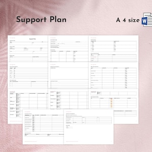 May include: A white document titled "Support Plan" with a grid layout, featuring various sections for data entry. The document is labelled "A 4 size" and includes a Microsoft Word icon. The background is a soft pink.