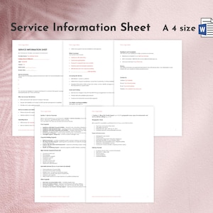 May include: A document titled "Service Information Sheet" in black text, with the text "A 4 size" and a Microsoft Word icon. The document is on a pink background with a palm leaf design.