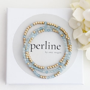 Stapel armband: aquamarijn en 14k gold filled set van stretcharmbanden, echte AAA-edelsteen, lichtblauw en goud, set van 3
