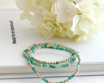 Smaragdgroene edelsteen stretcharmband: 14k gold filled of sterlingzilver, verschillende stijlen