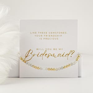 Conjunto de pulseras de propuesta de dama de honor con detalles en piedras preciosas y relleno de oro y una tarjeta conmovedora. Regalo de propuesta de dama de honor para boda.