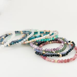 Gemstone Stacking Bracelets, 4mm Beaded Stretch Natural Stones with Gold Filled or Sterling Silver Accents