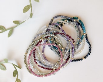 Dainty Stackable Gemstone Bracelets, 3mm Stretch Bead Bracelets with 14k Gold Filled or Sterling Silver Accents. Stacking, Layering