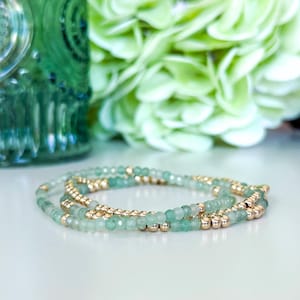 Green Aventurine Bracelets: Dainty Stretch Bracelets for Stacking, Layering, Gold Filled or Sterling Silver Accents