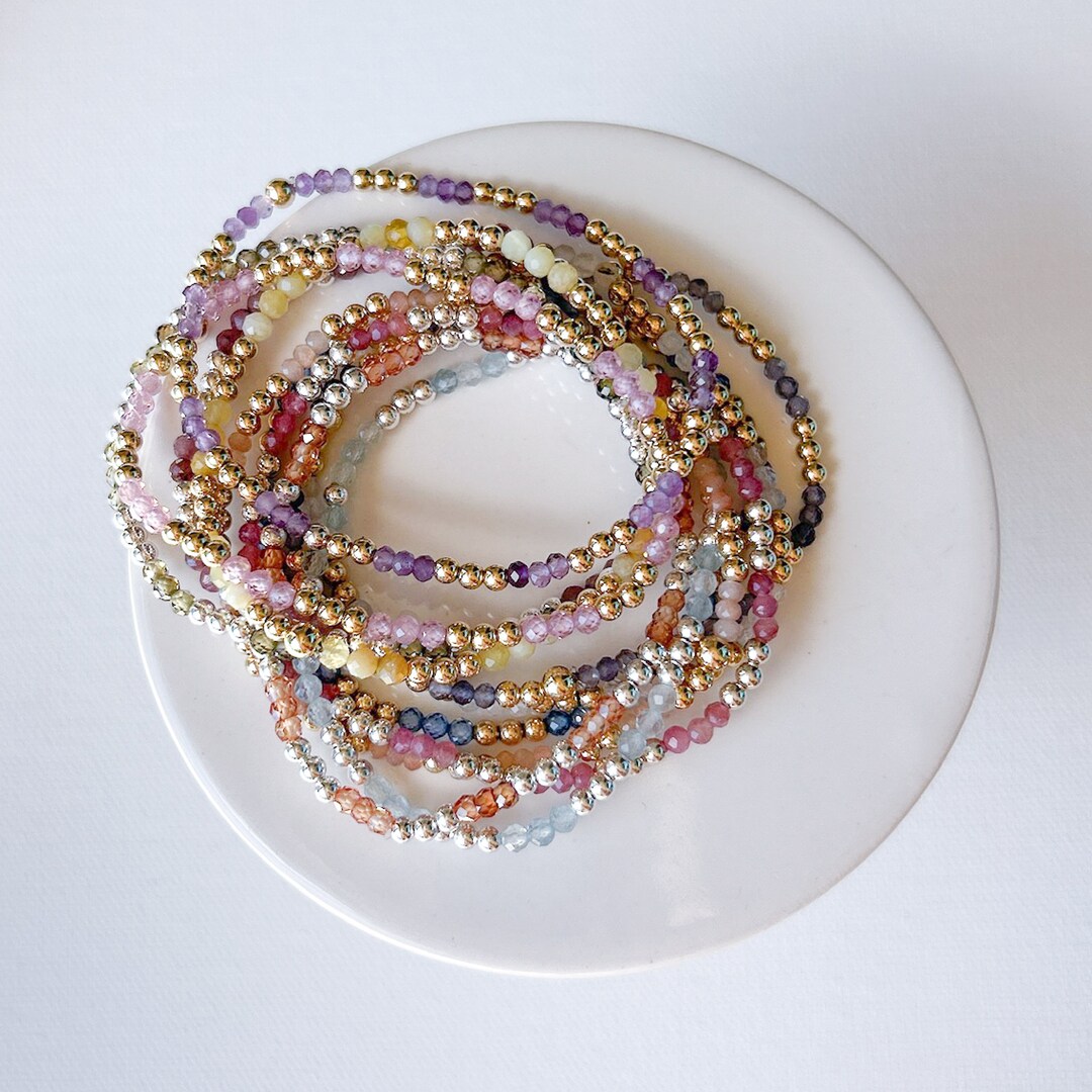 Triad Pattern Stackable Gemstone Stretch Bead Bracelets With 14k Gold ...