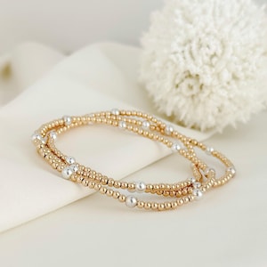 Gold Filled and Silver Mixed Metal Stretch Bracelet for Stacking, Dainty, 2.5mm Beads