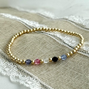Customized Family Birthstone Bracelet, Swarovski Crystal with Gold Filled or Sterling Silver Beaded Stretch, Gift for Mom, Daughter
