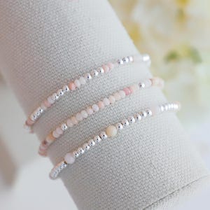 Pink Opal and Sterling Silver Bracelet Stack: Beaded Stretch Style Set of 3, October Birthstone Jewelry