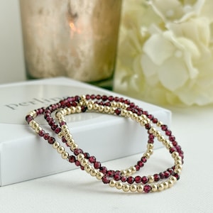 Garnet Gemstone Bracelets: 14k Gold Filled or Sterling Silver, January Birthstone Bracelet, Stretch Design, Various Styles