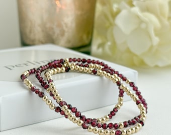Pulseras de granate: chapadas en oro de 14 k o plata de ley, pulsera con piedra de nacimiento de enero, diseño elástico, varios estilos