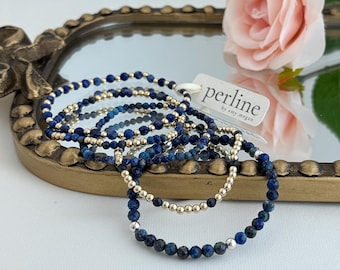Pulsera elástica con cuentas de lapislázuli: chapada en oro o plata de ley, varios estilos.