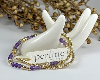 Geboortesteenarmbanden voor februari: paarse amethist edelsteen, 14k gold filled of sterlingzilver. Verschillende stijlen apart verkrijgbaar, stretchontwerp