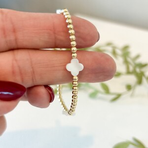 Clover and Gold Bead bracelet | White Mother of Pearl Shell and 14k Gold Filled Beaded Stretch Bracelet Quatrefoil Good Luck Gift