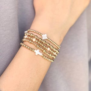 Gold Filled and White Pearl Statement Stack | Beaded Stretch Stacking Bracelets | Lucky Clover| Mother of Pearl Cross, Tarnish Free