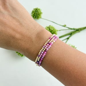 Pink Ruby Stacking Bracelets, Bead Stretch Bracelet with Gold Filled or Sterling Silver Accents and Natural Ruby