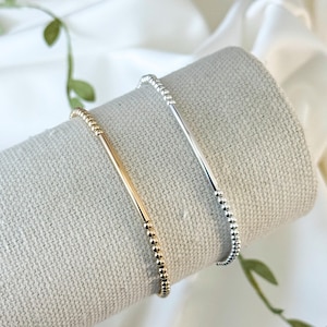 Bead Bracelet with Bar, Tube, Gold Filled or Sterling Silver Stretch Bracelet | Dainty Minimalist Layering, Stacking Jewelry