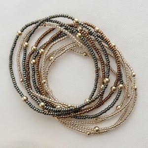 Metallic Seed Bead Stacking Bracelets in Champagne Gold, Bronze Brown, or Dark Steel Gray with Gold Filled Accents, Japanese Miyuki Beads,