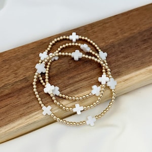 Cross Beaded Stretch Beaded Bracelet | Gold Filled, Sterling Silver| Mother of Pearl Shell Cross | Christian Faith Bracelet Gift