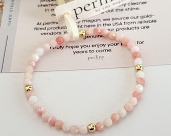 Pulsera de ópalo rosa con baño de oro o plata de ley, cuentas facetadas naturales de 4 mm, pulsera elástica, joyería con la piedra natal de octubre