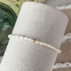 Dainty Pearl Bracelet: Rice Shaped Freshwater Pearls with Gold Filled or Silver Accent, 3-4mm Pearls, Stretchy