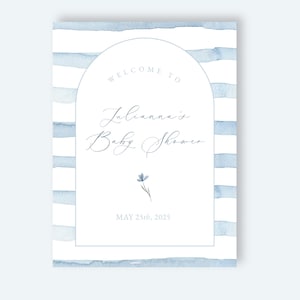 Chic Baby Shower Welcome Sign Template | Blue Stripes & Floral Design | Customizable DIY Download