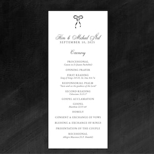 May include: A wedding ceremony program with black text on a white background. The program lists the order of events for the wedding ceremony of Kim and Michael Neil, taking place on September 10, 2025.