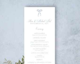 May include: A wedding ceremony program with a light blue ribbon design. The program lists the order of events for the ceremony, including the processional, opening prayer, readings, gospel acclamation, homily, and consent and exchange of vows. The ceremony is scheduled for September 10, 2025.