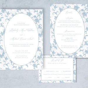 Ornate French Blue Wedding Invitation Suite | Antique Inspired Filigree Detail | DIY Printable Customizable Template