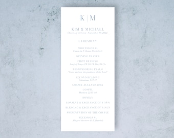May include: A wedding ceremony program with the names Kim & Michael and the date September 10, 2022. The program lists the order of events for the ceremony, including the processional, opening prayer, first reading, responsorial psalm, second reading, gospel acclamation, gospel, homily, consent and exchange of vows, blessing and exchange of rings, presentation of the couple, and recessional.