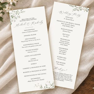 May include: Two white wedding programme cards with black text and green botanical illustrations at the top and bottom. The left card lists the nuptial mass order, while the right card details the wedding party members and includes a thank you note.