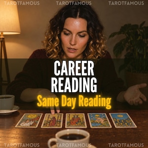May include: Five tarot cards are laid out on a wooden table. The text CAREER READING and Same Day Reading are centred in the image. A white coffee cup sits on the left and another in the foreground. The cards feature colourful illustrations.