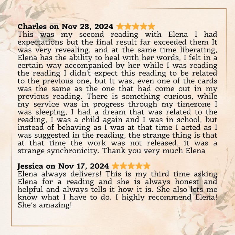 May include: Two positive reviews for a service called Elena. The first review is from Charles on November 28, 2024, and the second review is from Jessica on November 17, 2024. Both reviews are five stars.