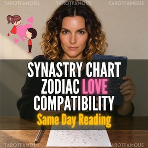 May include: A dark blue book with a zodiac wheel cover and a printed synastry chart on a wooden table. The text reads SYNASTRY CHART ZODIAC LOVE COMPATIBILITY Same Day Reading. A cartoon of two figures with a pink heart is in the upper left corner.