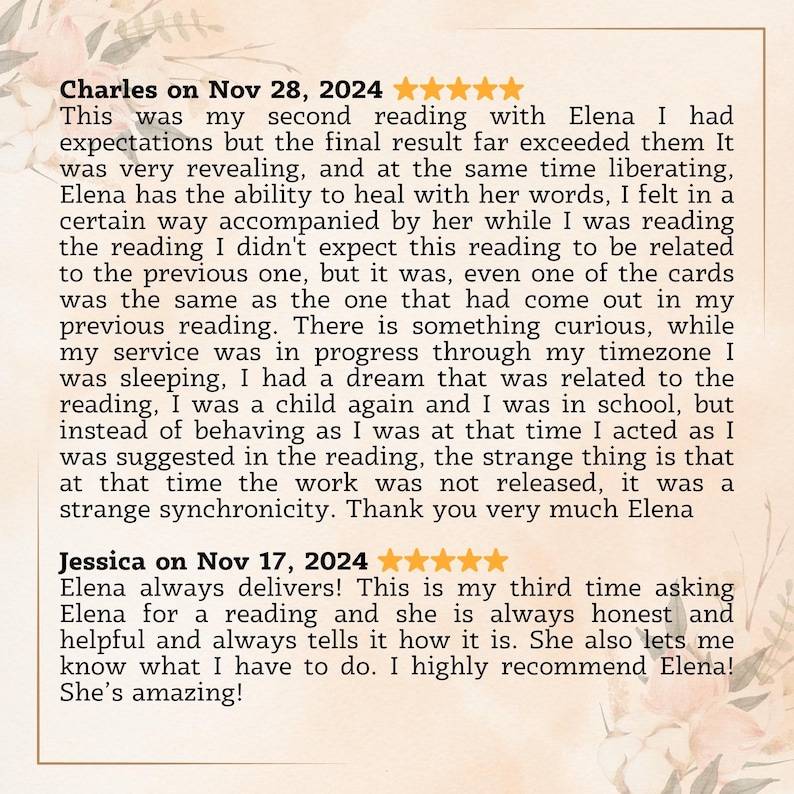 May include: Two positive reviews for a service called Elena. The first review is from Charles on November 28, 2024, and the second review is from Jessica on November 17, 2024. Both reviews are positive and recommend Elena's services.