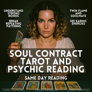 Pode incluir: Uma mulher segurando uma carta de tarô, com o texto "SOUL CONTRACT TAROT AND PSYCHIC READING" e "SAME DAY READING". Texto adicional inclui "UNDERSTAND STRONG BONDS", "BREAK REPEATING PATTERNS", "TWIN FLAME AND SOULMATE" e "SEE KARMIC ENERGIES".
