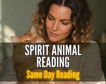 May include: A person with wavy brown hair holds a fluffy orange cat. The image features the text "SPIRIT ANIMAL READING" in large white letters and "Same Day Reading" in yellow text, with "TAROTFAMOUS" repeated in the corners.