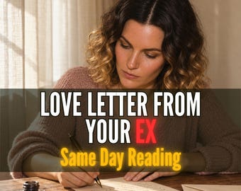 Może przedstawiać: Osoba w dzianinowym swetrze w kolorze malwy pisze na kartce papieru czarnym piórem wiecznym. Na drewnianym stole stoi czarny kałamarz. Tekst brzmi: LOVE LETTER FROM YOUR EX Same Day Reading. Osoba ma falowane brązowe włosy.