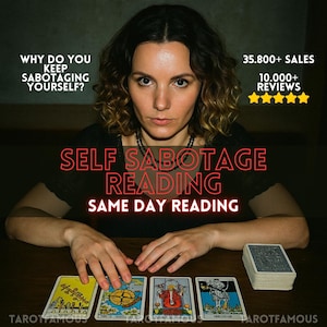 Può includere: Una persona con capelli mossi alle spalle siede a un tavolo con quattro carte dei tarocchi disposte e un mazzo di carte. Il testo recita: WHY DO YOU KEEP SABOTAGING YOURSELF? SELF SABOTAGE READING, SAME DAY READING, 35.800+ SALES, 10.000+ REVIEWS.