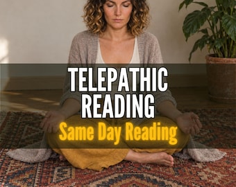May include: A person with curly brown hair sits in a cross-legged position wearing a beige cardigan over a white top and mustard yellow pants. The text reads TELEPATHIC READING and Same Day Reading in white and yellow font against a dark overlay.
