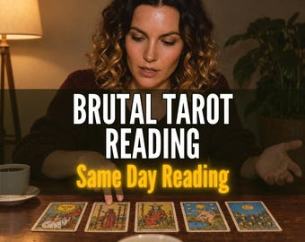 May include: Five tarot cards are laid out on a wooden table. The text BRUTAL TAROT READING and Same Day Reading are overlaid on the image. The cards feature colorful illustrations including a sun, figures, and a moon. Two white coffee cups are present.