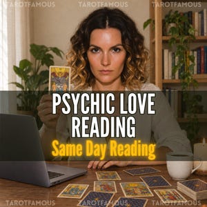 Op de afbeelding: Een persoon houdt een tarotkaart vast met een laptop, een mok en verschillende tarotkaarten verspreid over een houten oppervlak. De tekst luidt PSYCHIC LOVE READING en Same Day Reading. De persoon heeft golvend bruin haar en een licht hemd.