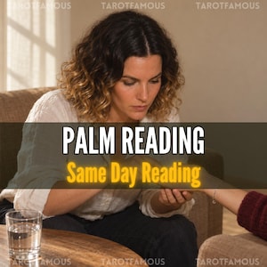 Pode incluir: Uma pessoa com cabelo castanho ondulado e camisa branca realiza uma leitura de mãos. A imagem apresenta o texto PALM READING e Same Day Reading em letras brancas e amarelas. Um copo de água transparente está sobre uma mesa de madeira.